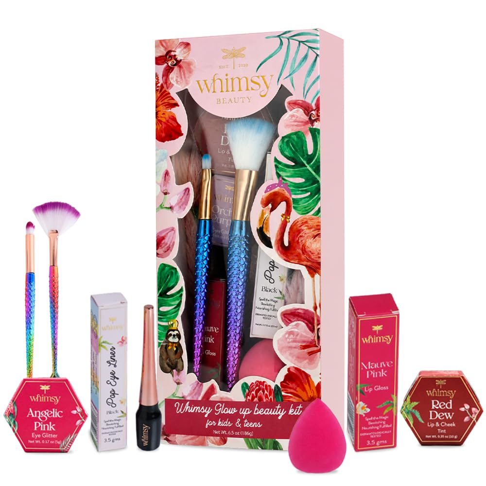 Whimsy Beauty Organic & Safe Glow-Up Makeup Kit for Girls & Teens| Safe, Non-Toxic Beauty Set for Girls & Teens | Eye Glitter, Lip Cheek Tint, Lip Gloss,Eye Liner and Mermaid Brushes (Pack of 7)