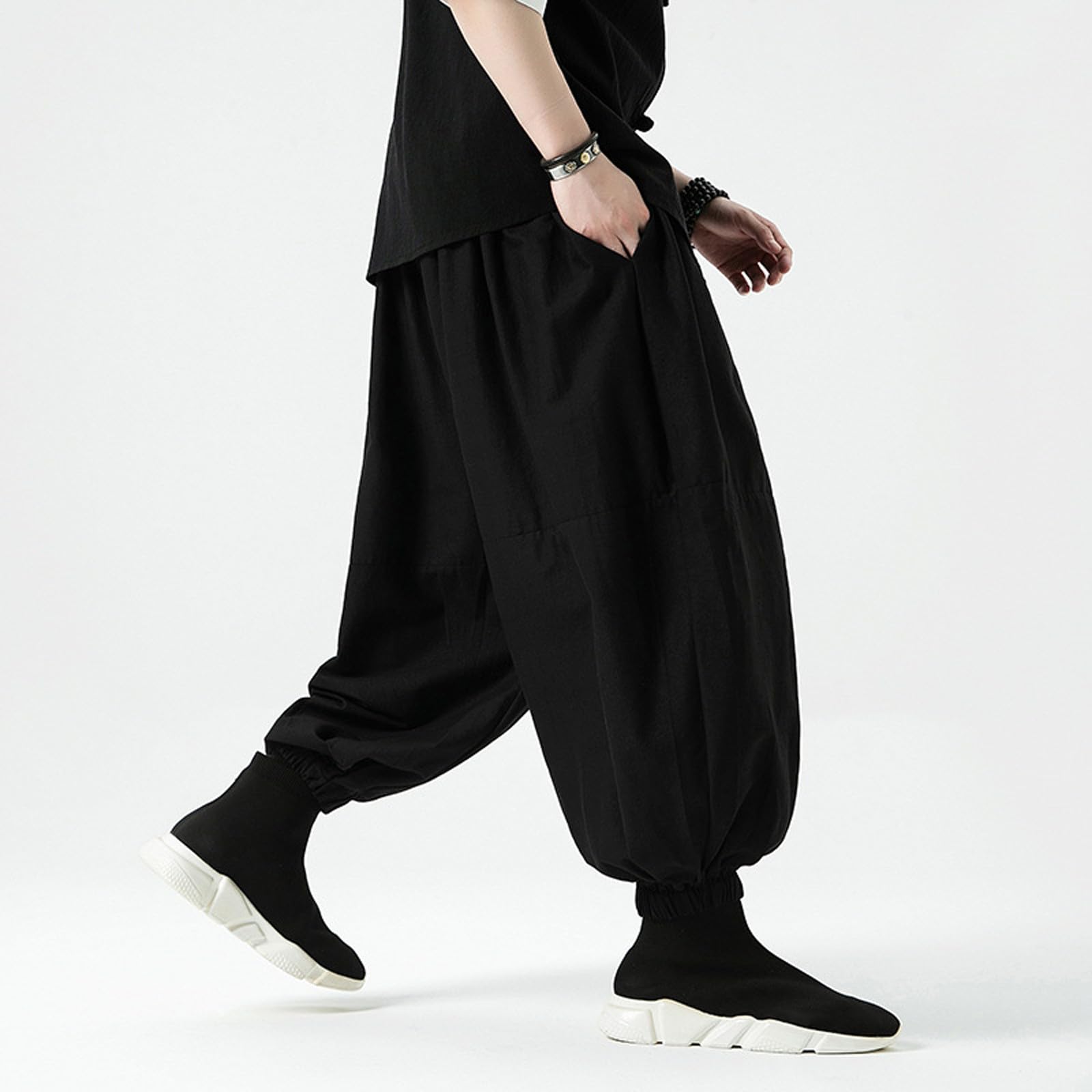 Pantaloni harem da uomo in lino, leggeri, estivi, larghi, con coulisse, pantaloni da jogging Hip Hop Harajuku Streetwear da spiaggia, yoga, tempo libero Y2K Hippie
