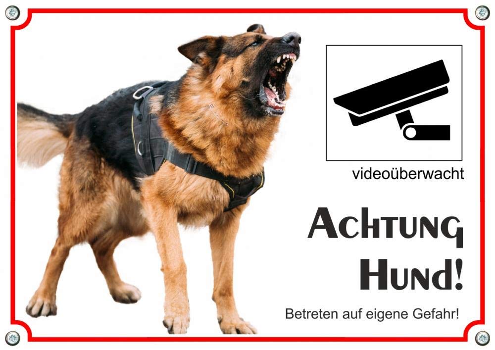 Hundeschild Dt. Schäferhund- Metallschild Achtung Hund - Videoüberwachung, DIN A3