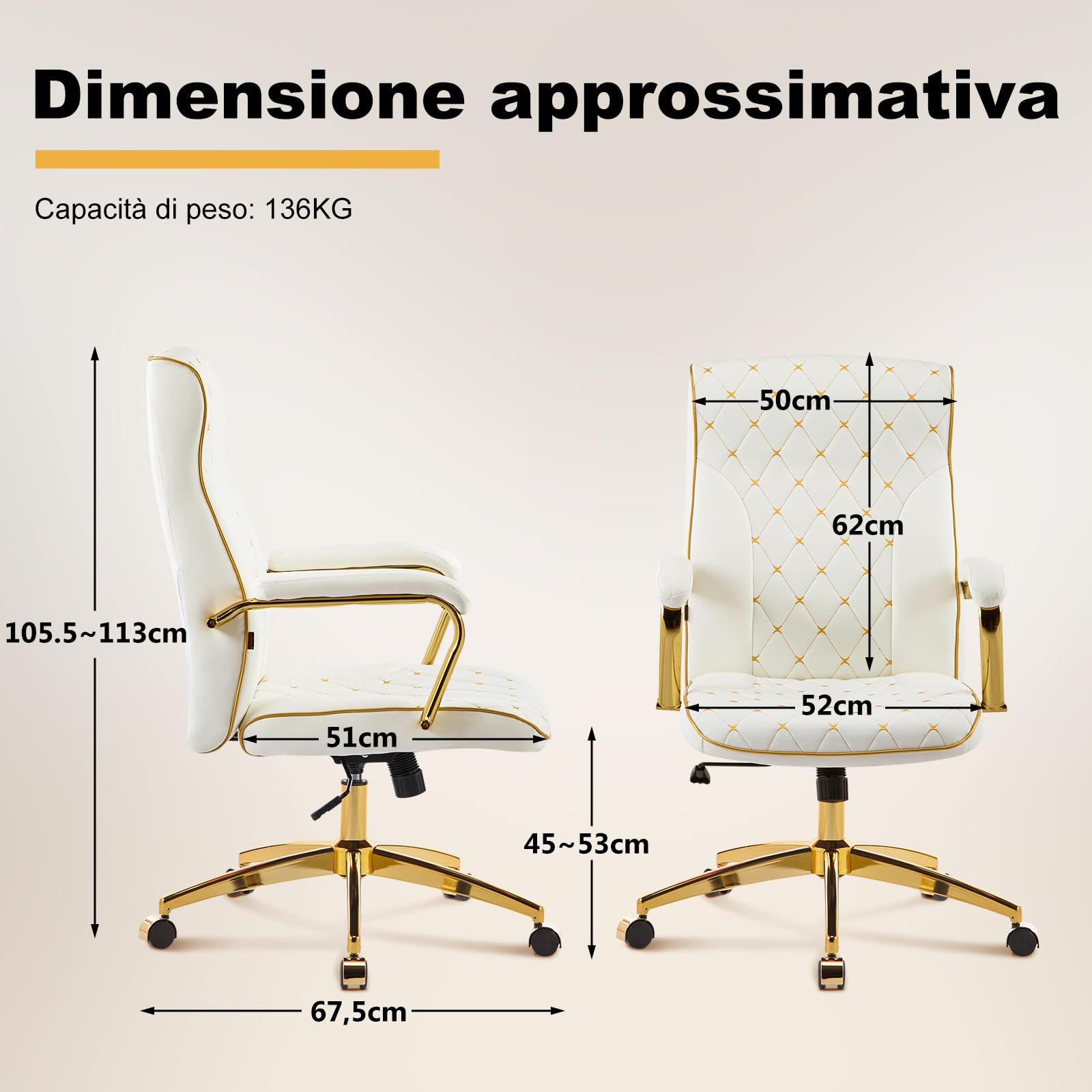 Sedia Ufficio Ergonomica, Poltrona Direzionale in Pelle PU, Sedia da Ufficio con Seduta Ampia, Sedie Scrivania Reclinabile Girevoli Altezza Regolabile 136kg, Bianco