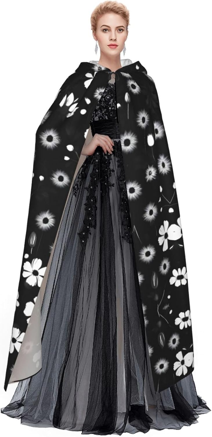 Black And White Floral Print Print Men Hooded Cloak,Wizard Hooded Robe,Witch Cape Cosplay Costume Halloween Party Capes