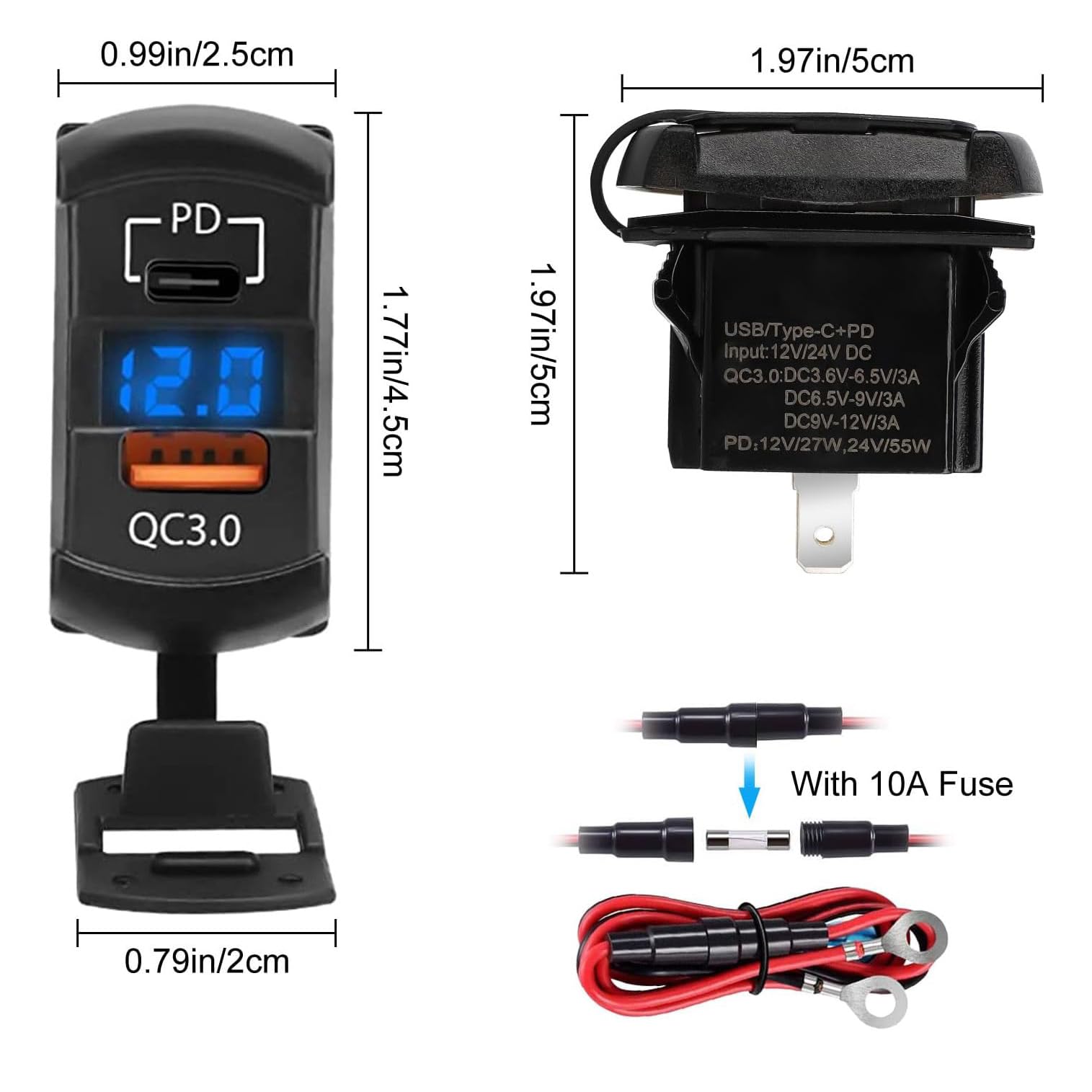 Adaptador de cargador rápido USB C para coche, compatible con panel de interruptor basculante, cargador USB WNNBTOVN de 54 W, enchufe ABS, pantalla inteligente para voltímetro