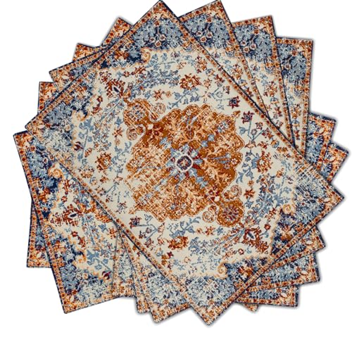 Image of Ethnic Boho Placemats Set of 6 Bohemian Carpet Vintage Orange Grey Floral Linen Washable Kitchen Dining Table Mats Stain Heat-Resistant Desktop Decor Place Mats for Home Party Indoor 12x18 in