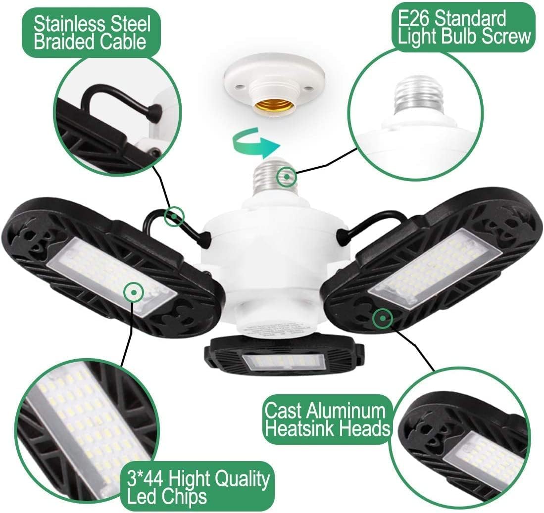 OOOLED 2 Pack LED Garage Lights, 80W LED Garage Lighting, Deformable LED Garage Lights Supporting E26 Screw Socket, 9600LM 6500K Super Bright White, LED Lights for Garage, Workshop, Basement