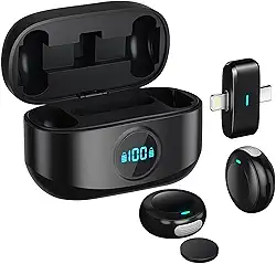 Microfone Lapela Sem Fio para iPhone e iPad (IOS) Lightning e Android USB-C – Kit Duplo Plug & Play com Case Carregador – Som Profissional para Podcasts e Transmissões ao Vivo