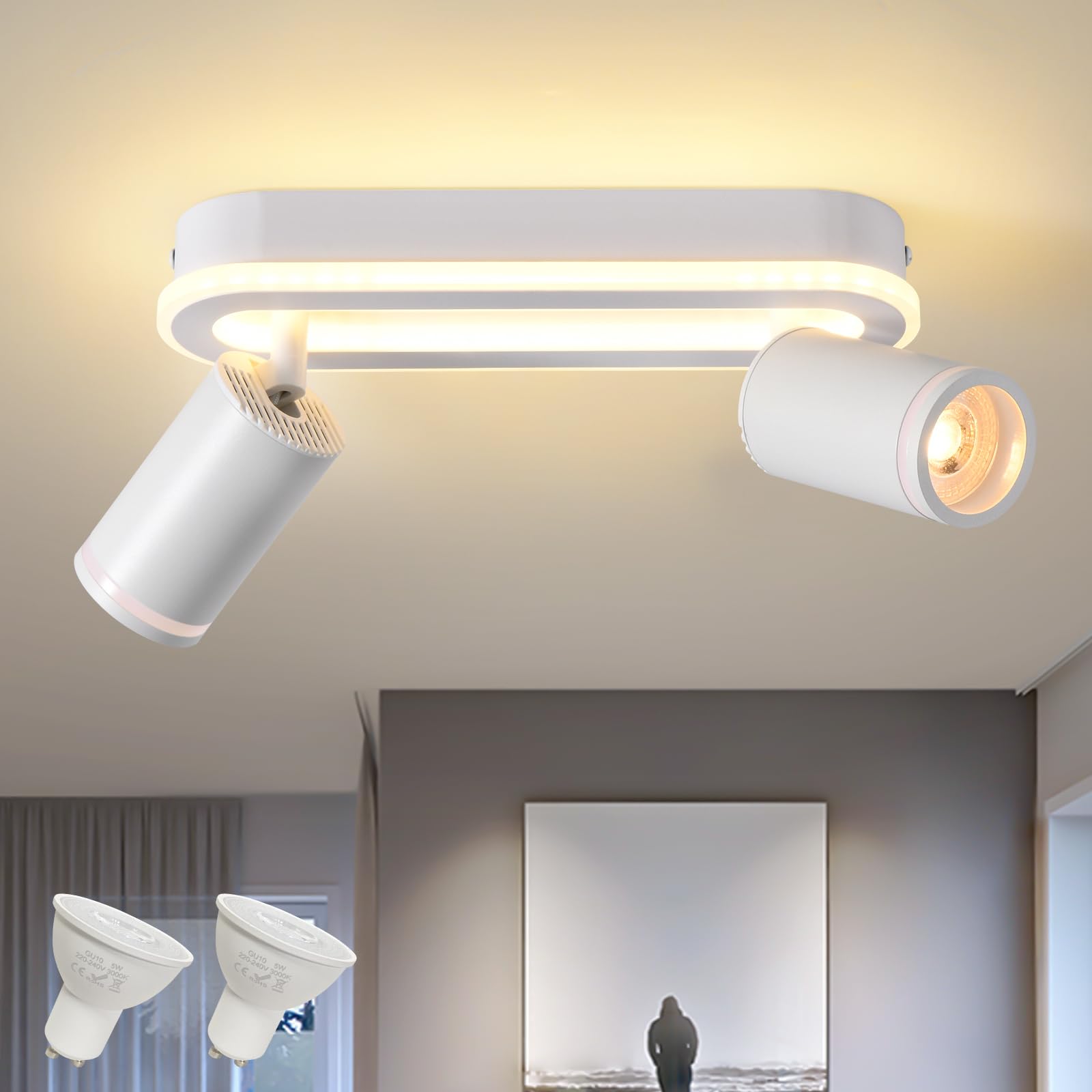 SANSHI Faretti da Soffitto Orientabili Interno LED 2 Luce,Faretti da Parete con Inferiore 15W+2x5W,GU10 Lampadario Faretti,Moderna Plafoniera Faretti Bianco Caldo 3000K per Cameretta Cucina,Bianco