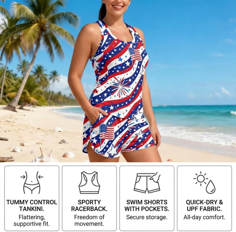 Irisjudy Tankini Swimsuits for Women Tummy Control, 250 Years American Bathing Suit 2 Piece Modest Swim Suits with Shorts