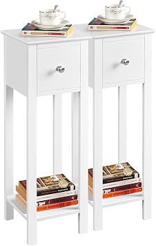 Yaheetech Tall Slim Bedside Tables Set of 2 with Drawer and Shelf, White