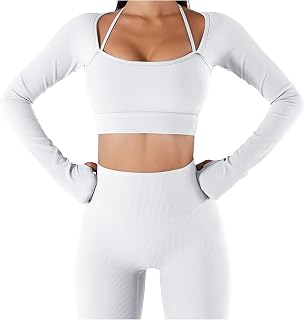 Gym Tops Ribbed Gym Tops with Built in Bras Ladies Halter Strap Workout Gym Crop Tops Long Sleeve Yoga Running Sports Tops Quick Dry Fitted Seamless Sports Yoga Shirts