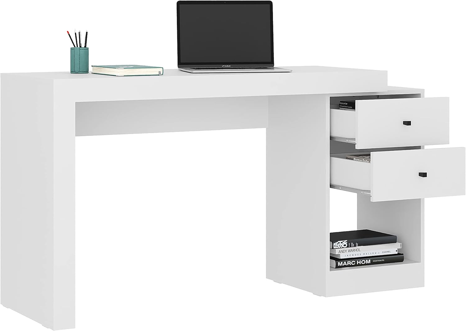 White Expandable Home Office Desk with Drawers and Filing Cabinet