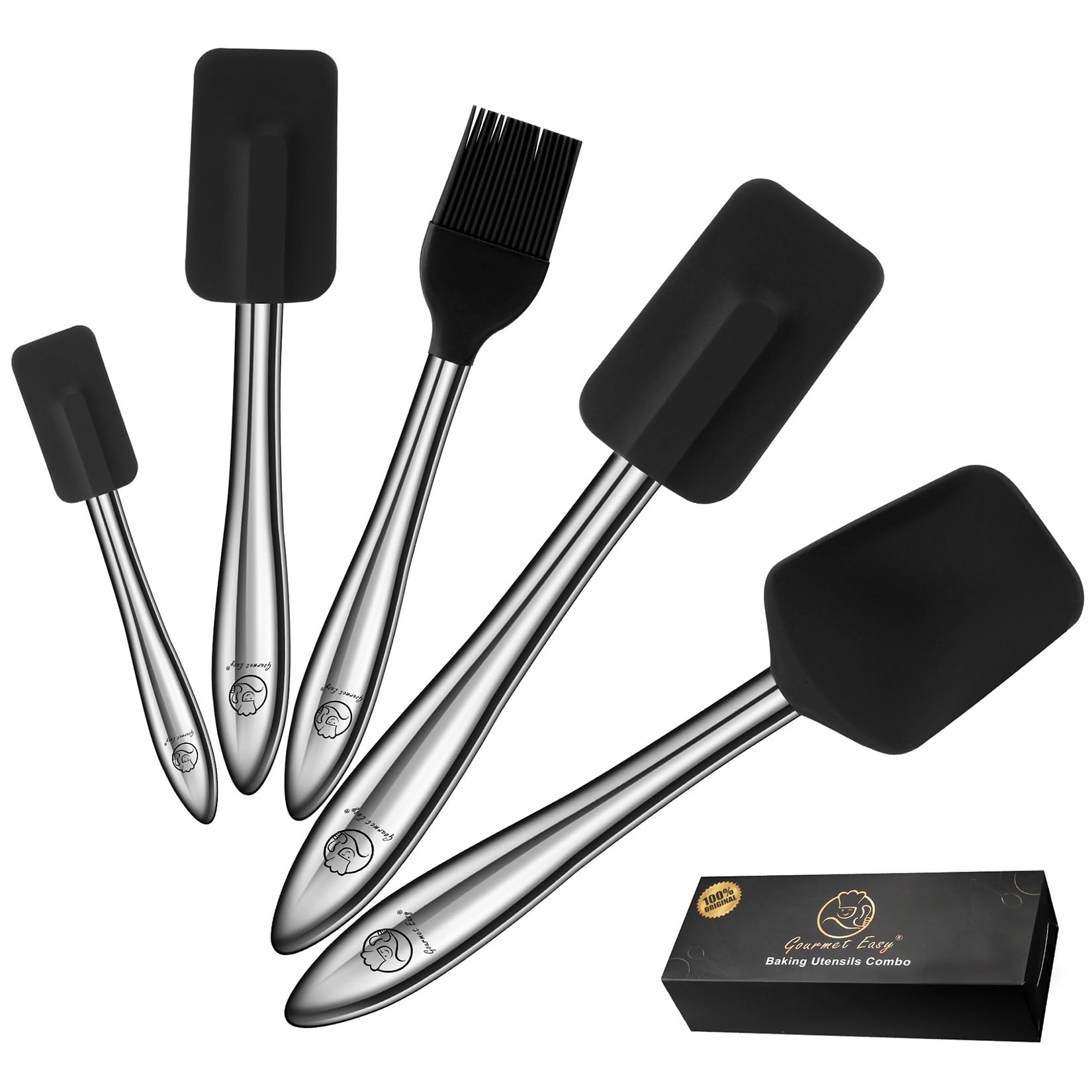 Gourmet Easy Set de 5 Spatules Silicone Inox, Résistant Chaleur (Black) | Spatule, cuillère en silicone et pinceau de cuisine, idéal pour ustensiles antiadhésifs.