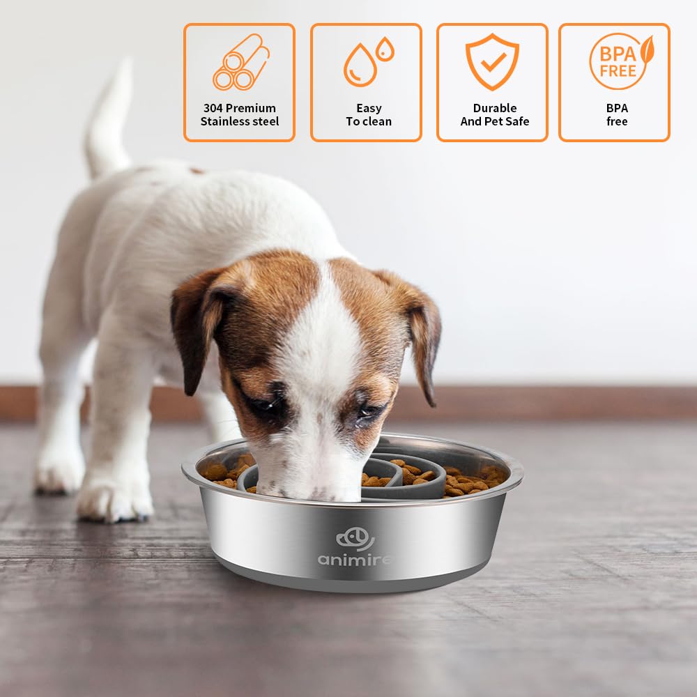 2-in-1 Metal Dog Bowl with Slow Feeder Insert, Stainless Steel Dog Bowls Food Grade 304, Water Food Bowl with Anti-Slip Silicone Base for Small, Medium, Large Dogs - image 4