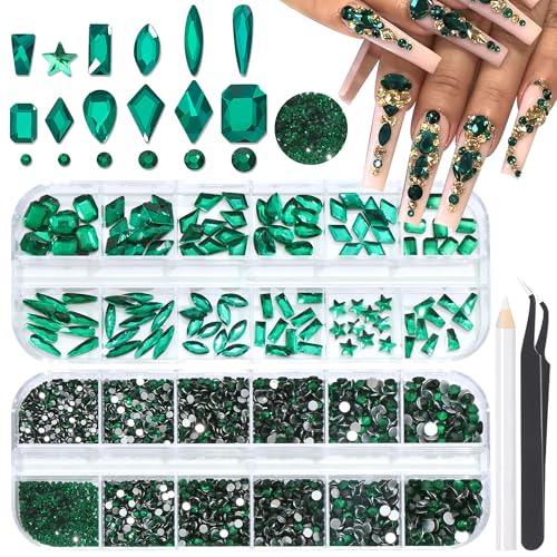 3520Pcs Emerald Green Nail Rhinestones for Nails,Multi Shapes Flatback Nail Gems Round Crystal Rhinestone for Crafts,1.3-4MM Size Nail Diamond Gemstones Charms for Nail Design DIY Makeup Decoration