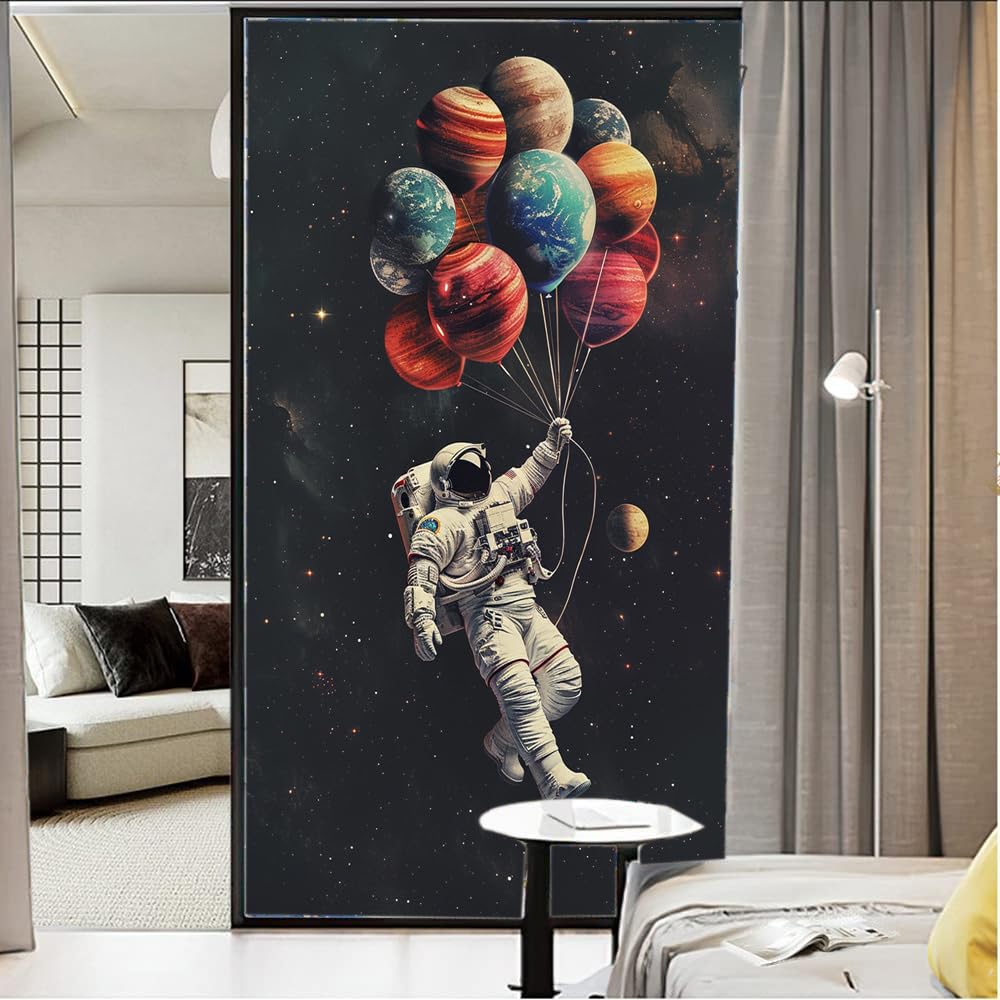 Retro Astronaut Buntglas Fensterfolie, Ballon Planet Modern Space Dekorative Milchglas Sichtschutzfolie Wärmeregulierung Statisch Haftende Fensteraufkleber 90x140cm