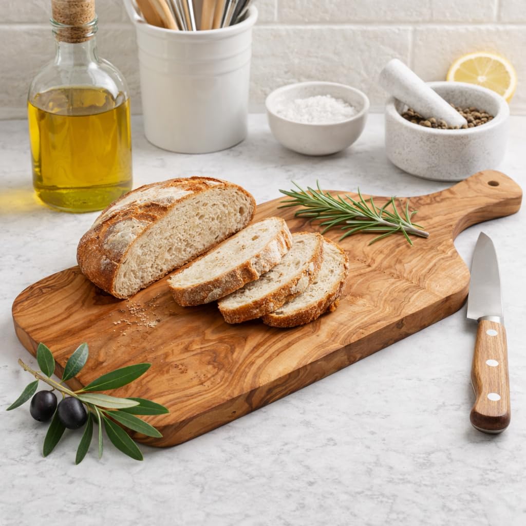 Tabla de cortar artesanal con mango de madera de olivo natural, hecha a mano, 40 cm