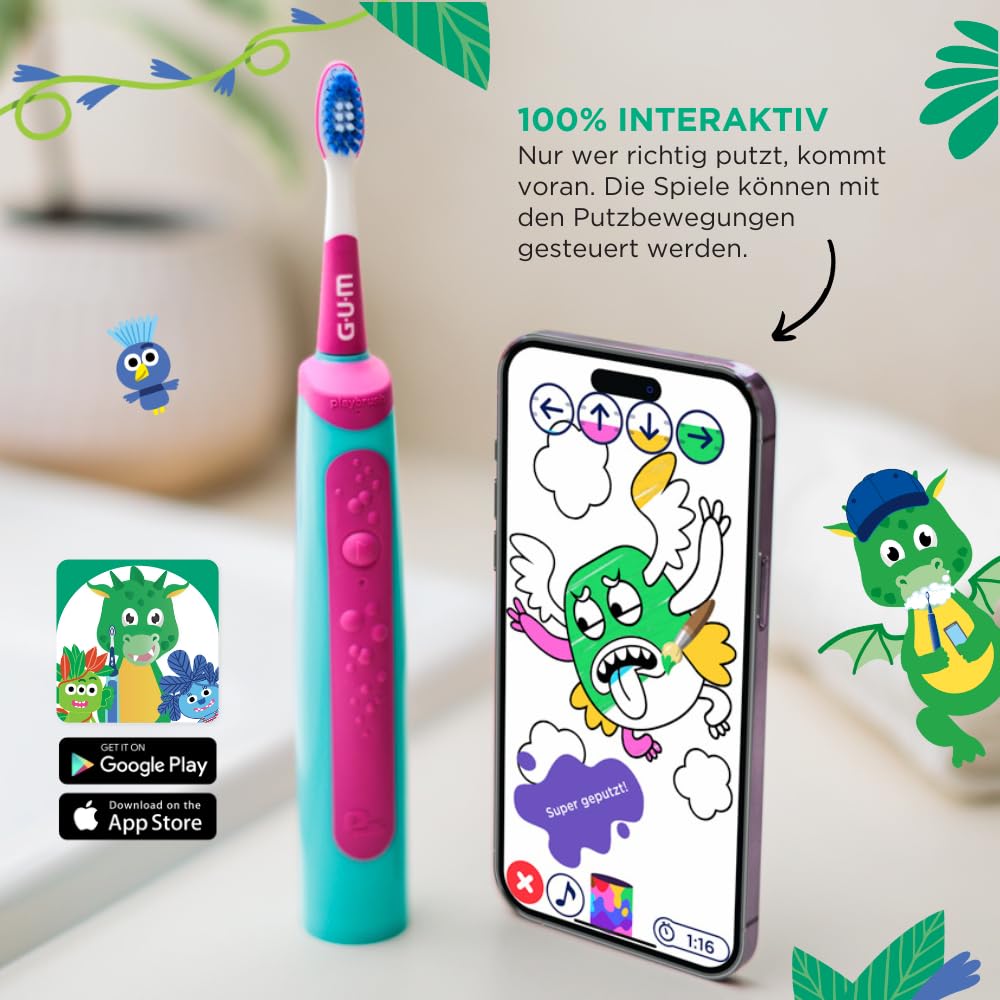 GUM Playbrush JUNIOR 6+ elektrische Zahnbürste | Interaktive Spiel-App | Extra weiche Borsten | 8 Wochen Akku | Stiftung Warentest | 1x Schallzahnbürste, wiederaufladbar | 2 extra Bürstenköpfe | Pink