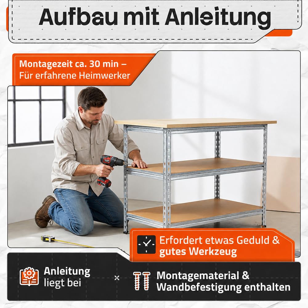 Ondis24 Werkbank Uwe 120cm Metallregal und Werktisch mit höhenverstellbaren Einlegeböden Packtisch verzinkt 92cm Arbeitshöhe mit Buchenarbeitsplatte (Melamin)