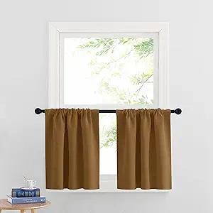 RYB HOME Small Curtains Blackout - Privacy Energy Efficiency Mini Curtains for Kids Bedroom RV Camper Windows Trailer Bathroom Kitchen Cabinet Window Tiers, W 29 x L 24, Gold Brown, 2 Panels