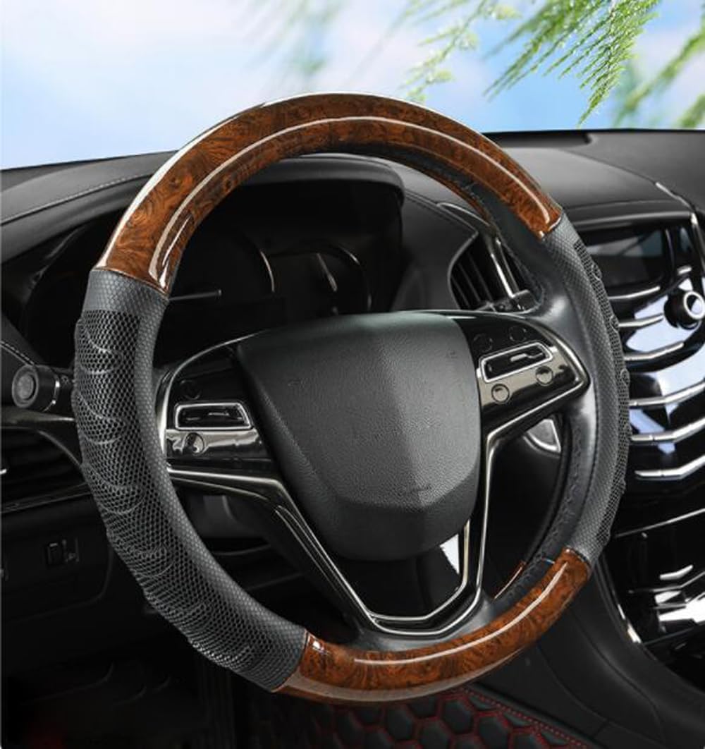 Luxury Car Steering Wheel Cover Wood Grain Leather Four Seasons Universal 15 Inch Comfortable Grip for Men Women (Black)