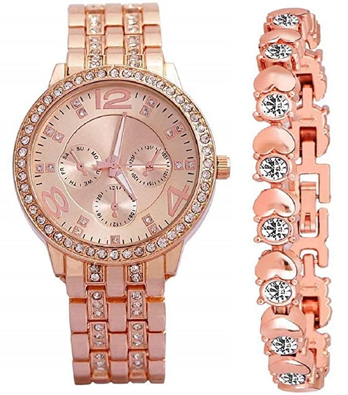 Diamond Studded Stylish Analogue Stainless Steel Watch with Rose Gold Dial and Band Dot Bracelet for Girls & Women-image-25