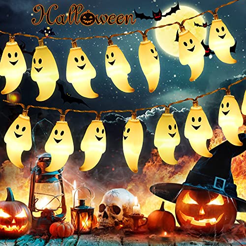 Luci Stringa Halloween, 3M 20 LED Stringa Fantasma, 2 Modalità di Luci Tremolanti e Fissa, Luci Fata di Halloween Batteria Alimentate, Impermeabile Luce Colorate per Festa Giardino Halloween