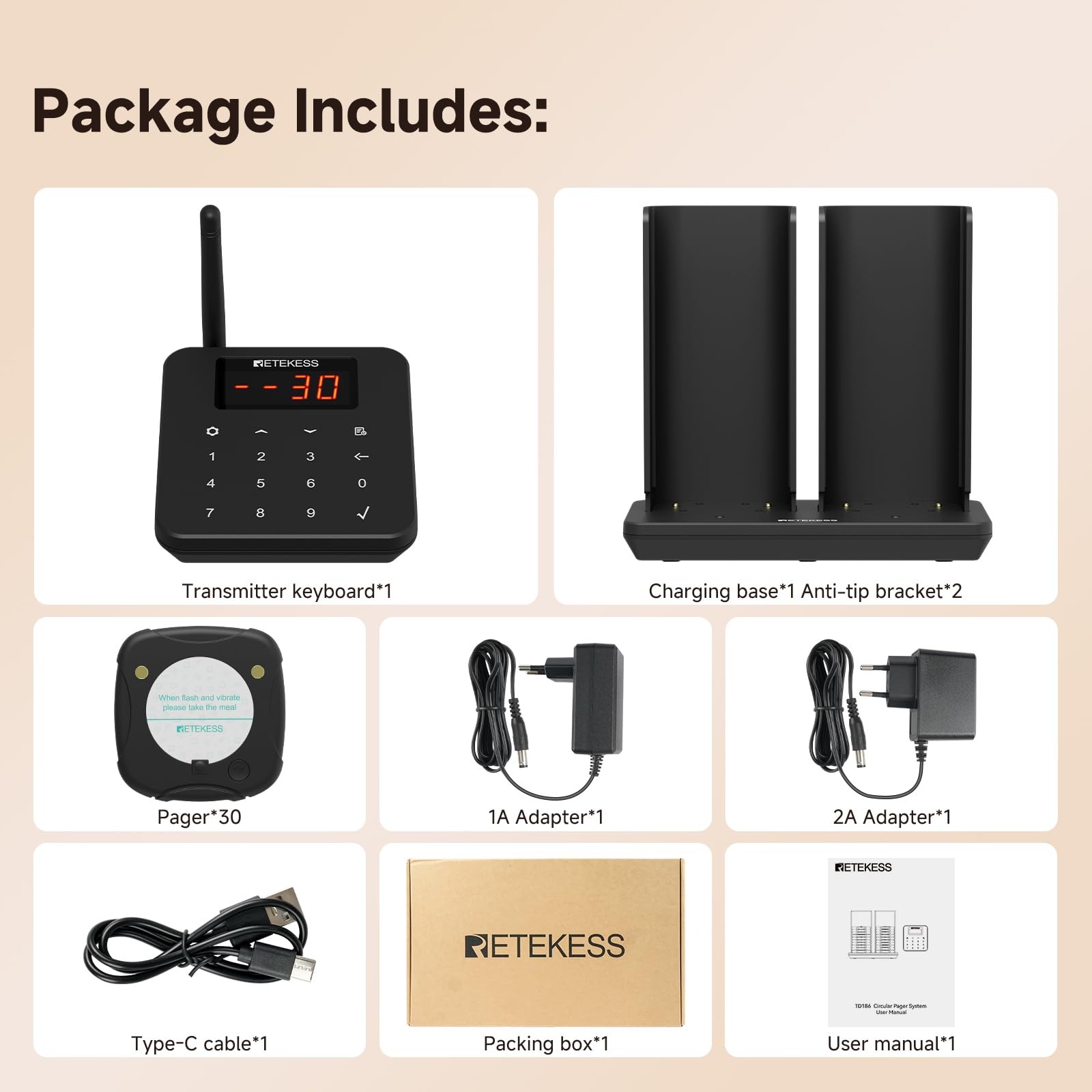 Retekess TD186 Bezprzewodowy System Przywoławczy, 30 Pagerów | Do Duża Restauracja, Klub, Największa 600M, Konstrukcja Antyprzewrotna, 300 mAh 24H, 64 Tryby Przypomnień, Plug and Play