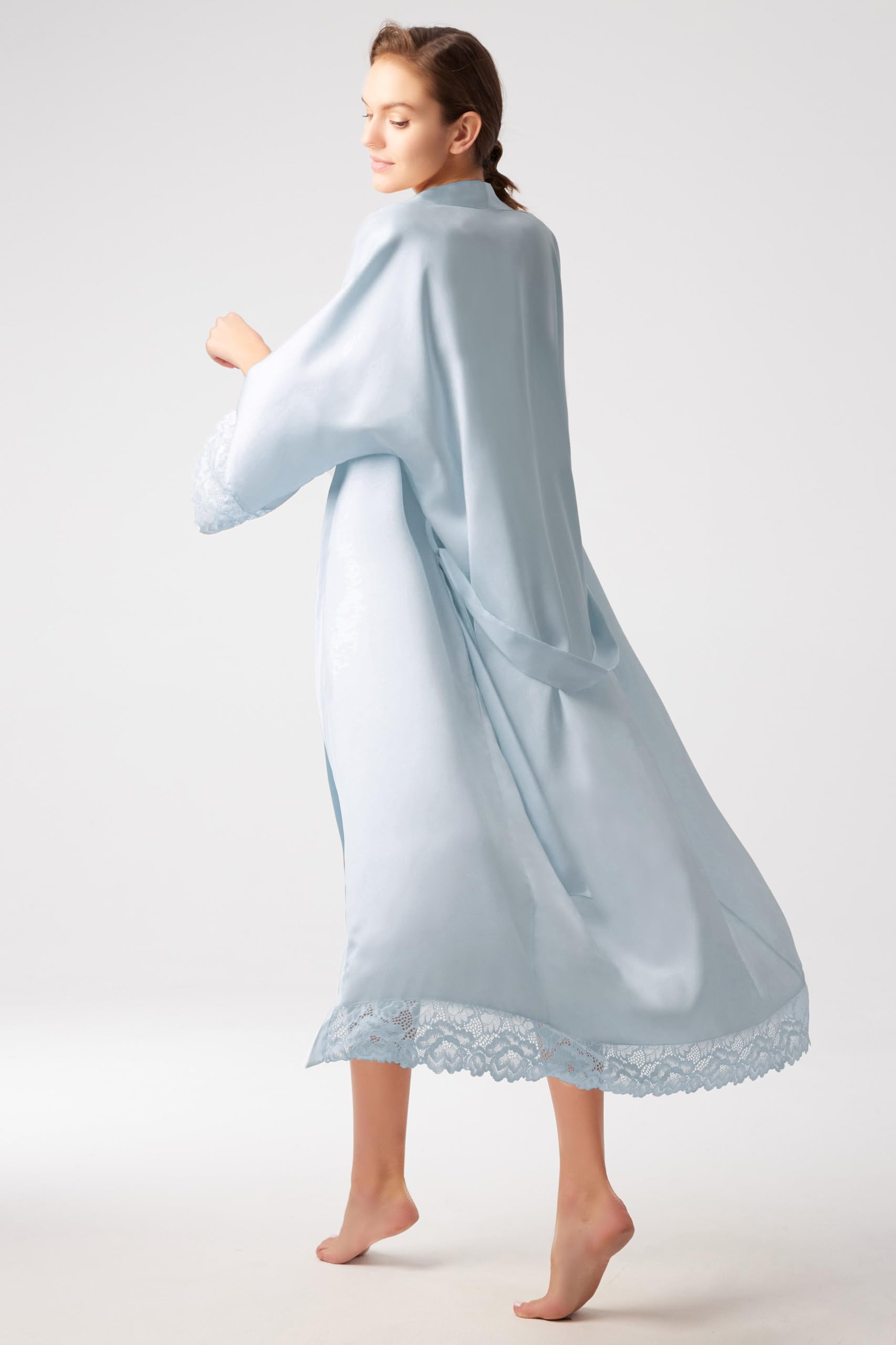 BABEYOND Damski szlafrok kimono, satynowy, kimono, szlafrok, długie kimono, szlafrok kąpielowy dla druhny, z koronkowym wykończeniem, na bieliznę nocną, na imprezę, wesele, piżamę, Jasnoniebieski, One