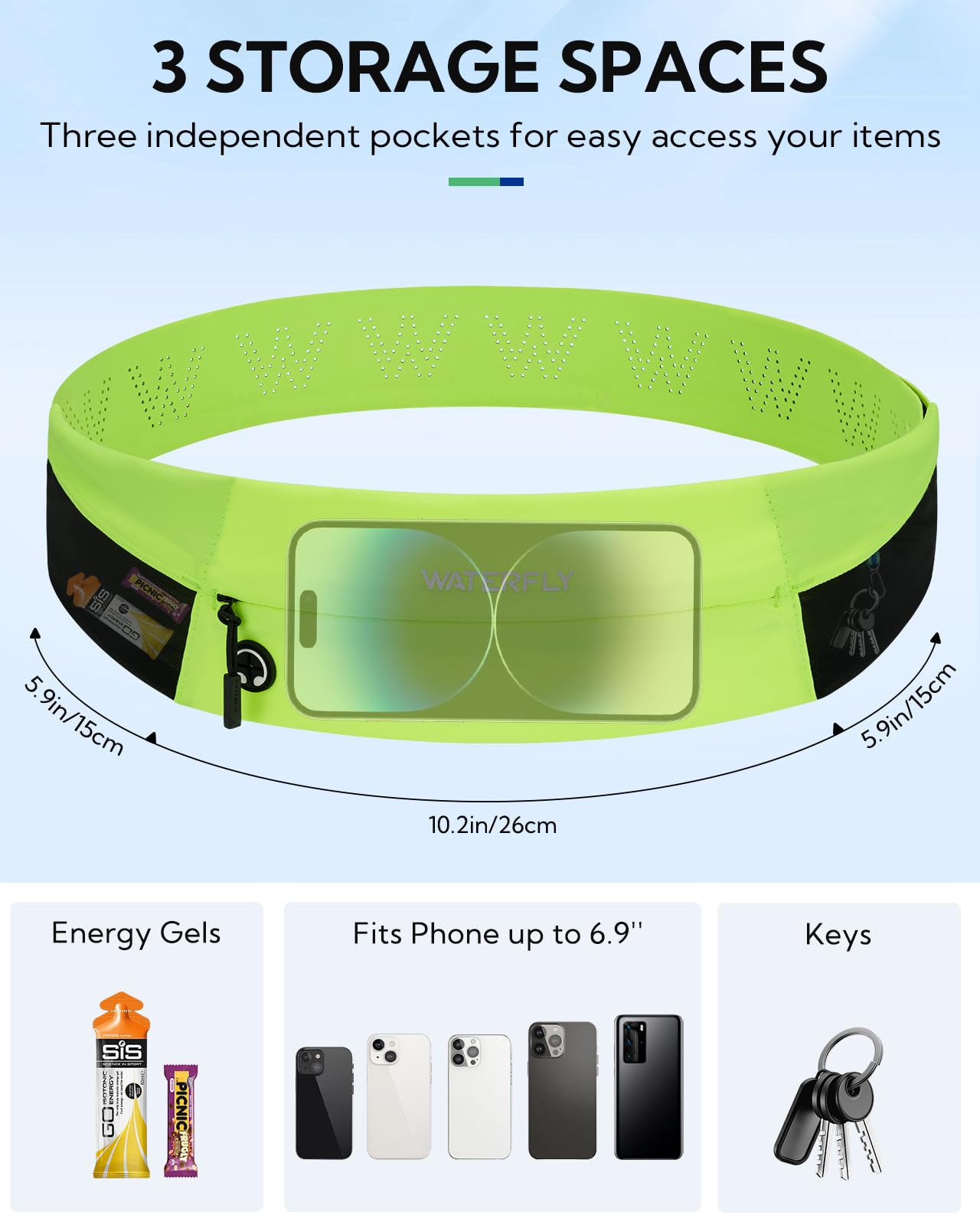 WATERFLY Ceinture de course : sac banane fin pour homme et femme, support de téléphone pour entraînement, marathon, jogging, vert fluo