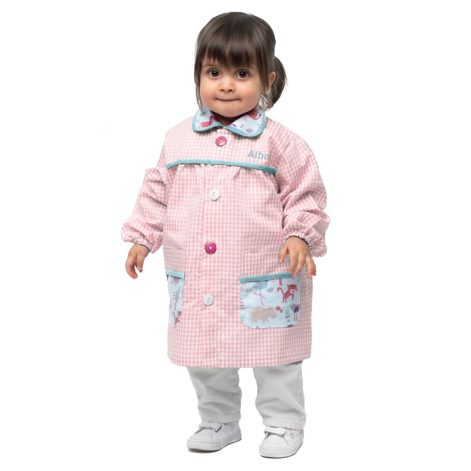 Nenel Conjunto Escolar para Colegio o guardería: Mandilón, babi o Bata Escolar + Bolsa merienda Bordado con el Nombre. Modelo Cute Animals
