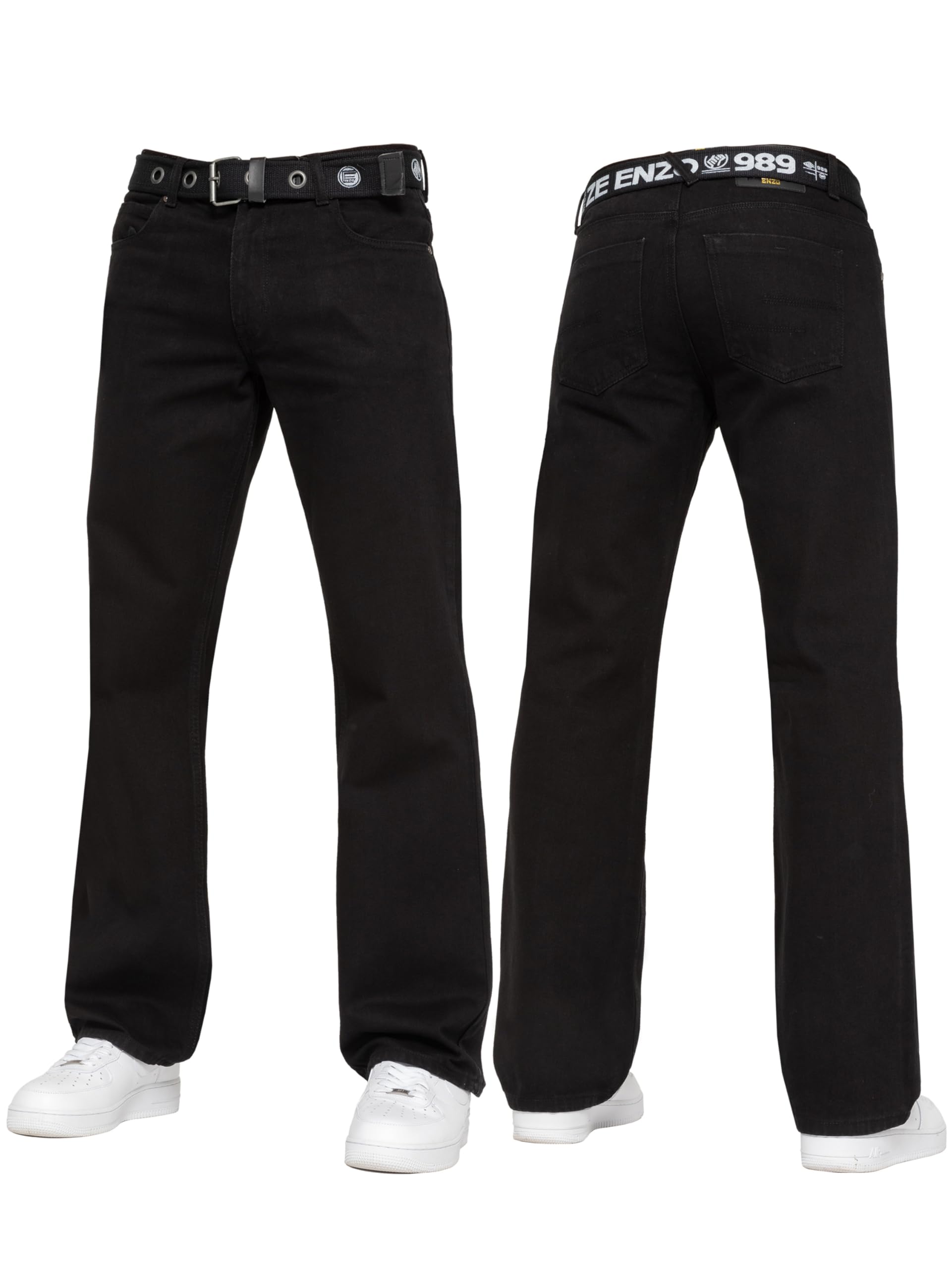 989Zé Enzo Men's Black Denim Straight Leg Jeans Trousers Regular Fit Stylish Fashion All Waist Sizes Free Belts Ez14 40W / 32L