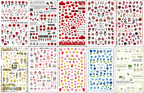 Jmeowio 10 Sheets Red Rose Nail Art Stickers Decals 3D Self Adhesive Red Blue White Yellow Pink Rose Design Manicure Tips Nail Decoration For Women Girls Kids thumb #1