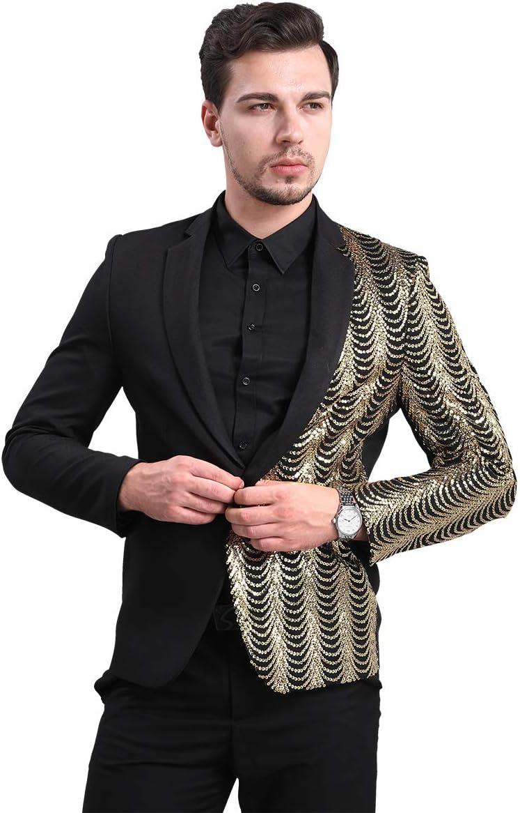 Cloudstyle Mens Stylish Dinner Tux Dress Blazer Slim Fit Gold Sequin Suit Jacket Sport Coat - Image 4