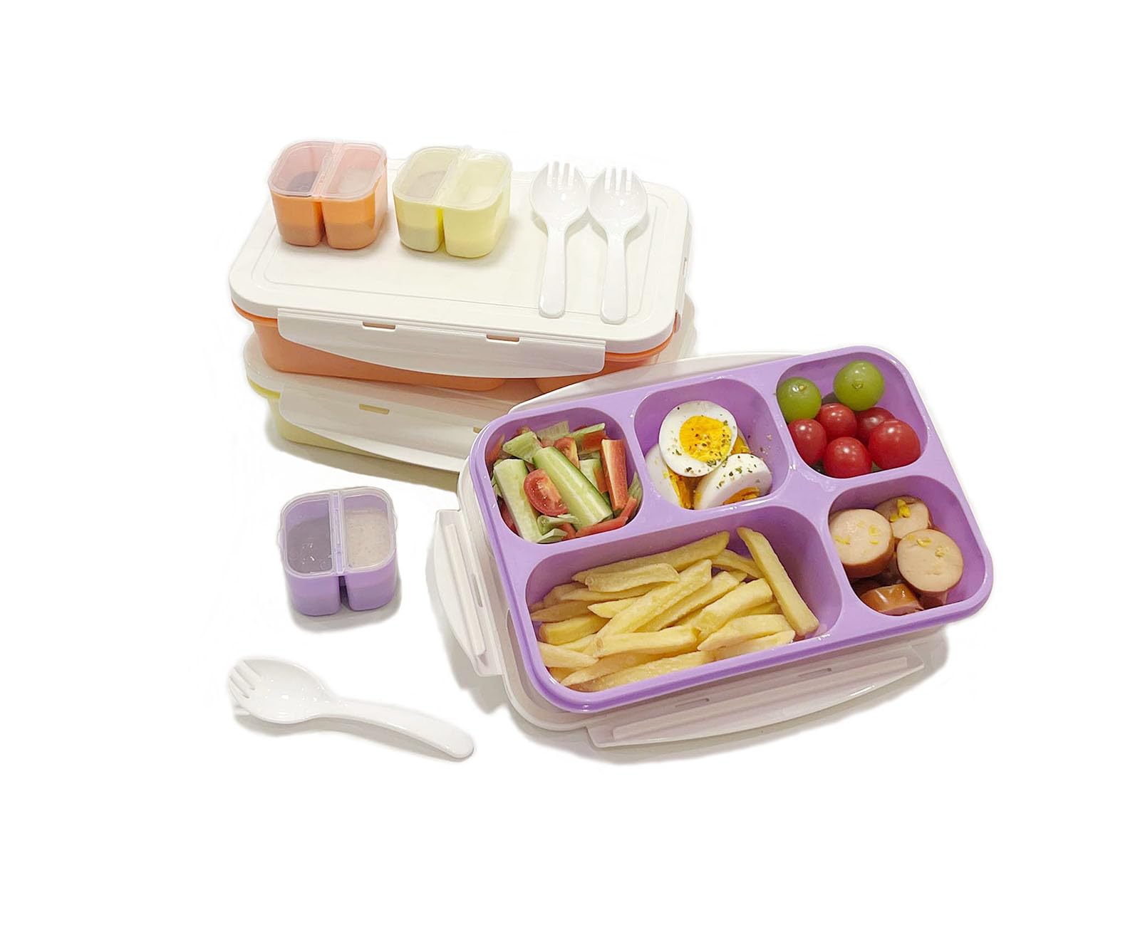 halteoly 3 Pack Bento Snack Boxes,5-Compartment Food Containers for School,Work and travel, Lunch Containers with Lids (White lid)