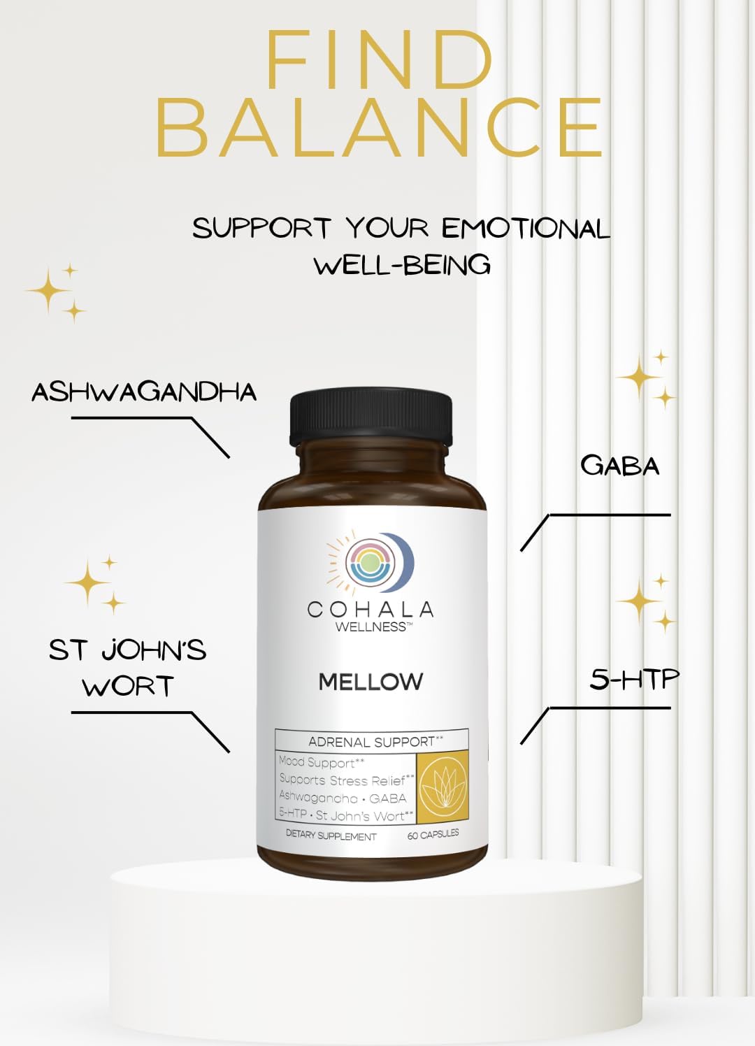 Mellow - Mood Supplement Ashwagandha GABA St Johns Wort 5HTP Calm Stress Support Self Care - 60 Capsules