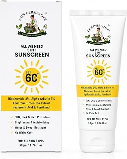 Dr's Dermalove SPF 60 PA++++ Sunscreen Gel Broad Spectrum UVA & UVB Protection Lightweight, No White Cast, Water & Sweat Resistant With Niacinamide, Alpha Arbutin & Hyaluronic Acid 50g