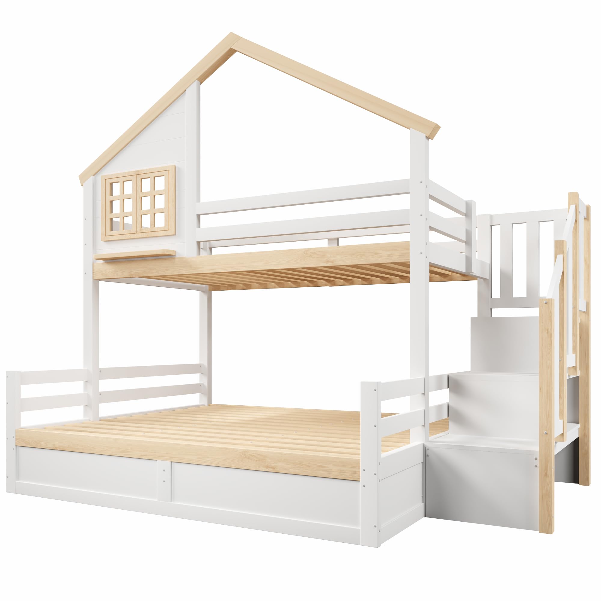 Soweiz Letto a castello, 90 x 200 cm, idraulico, con sponda, vano portaoggetti sotto il letto, decorazione per finestre e casa (bianco + naturale, 140 x 200 cm)