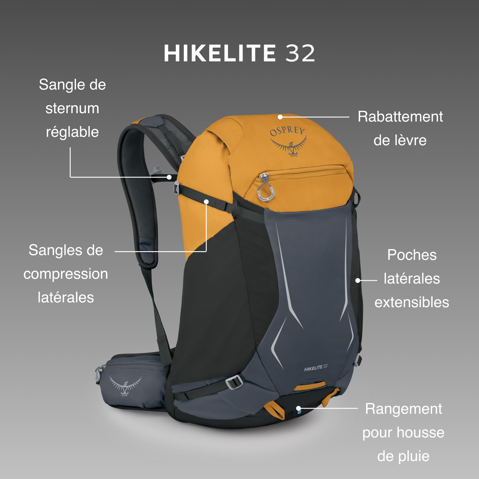 Osprey Hikelite Sac de randonnée unisexe, 32L, Graphite Purple | Sac à dos, sac à dos de voyage, sac de camping, housse de pluie, transport par temps humide, couleur violette, taille OS