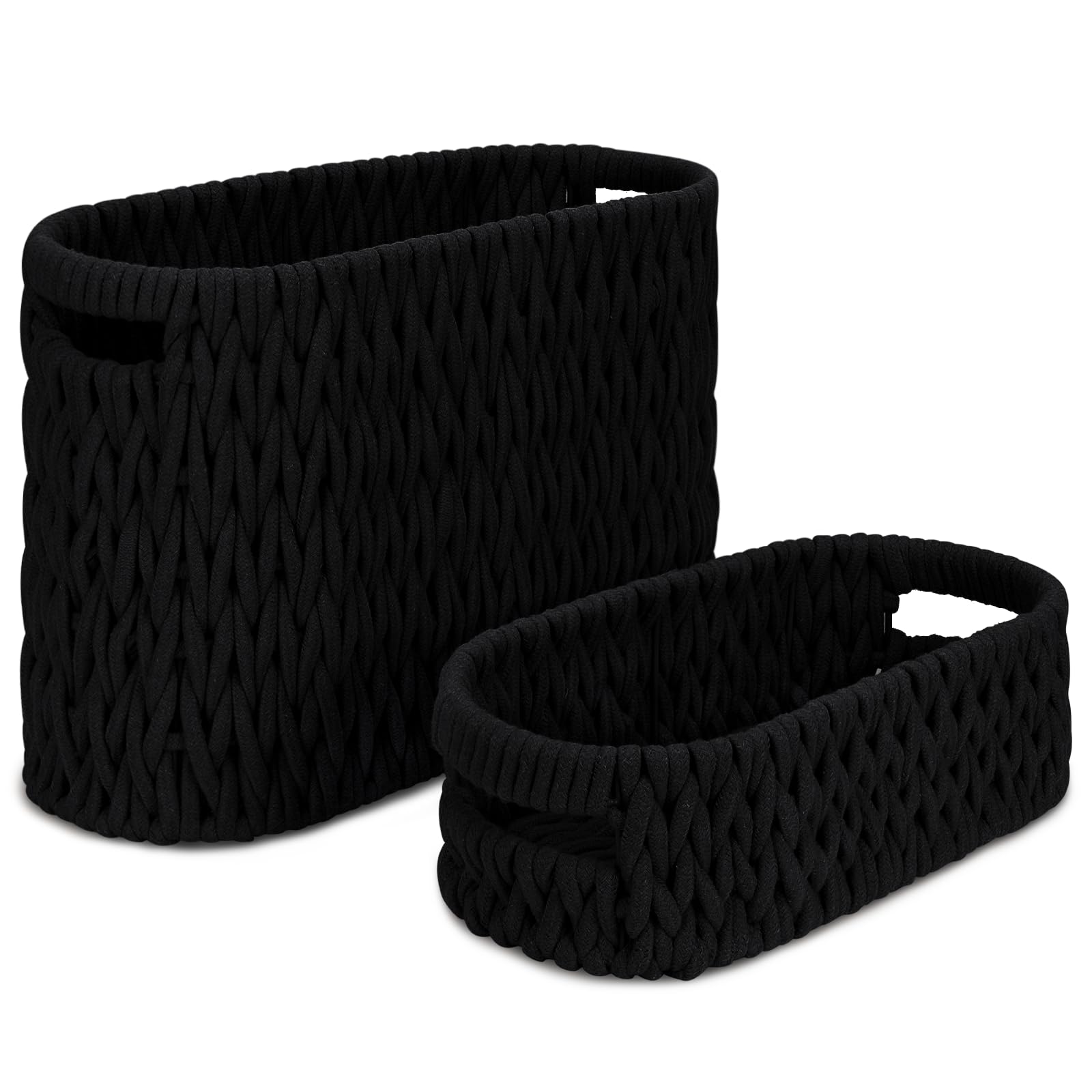 Boho Toilet Paper Storage Baskets, Cotton Rope Woven Bathroom Basket Set of 2, Standing Toilet Paper Holder for 6 Mega Rolls,Storage Bins for Toilet Tank Top, Bathroom Organizer Decor (Black 2 Pack)