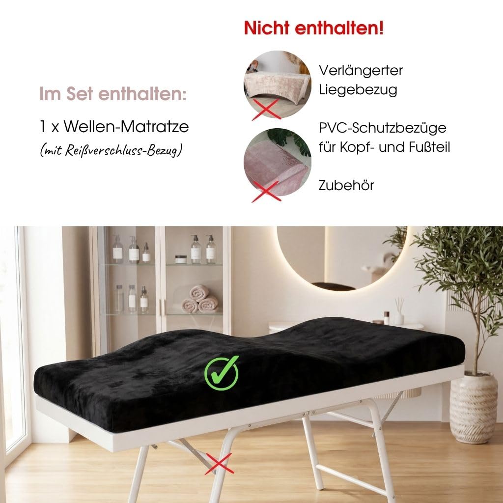 Materac-wave z memory foam do leżanka kosmetyczna/stoły do masażu, 190x70 cm, idealnie do salonu przedłużania rzęs, PMU, czarny