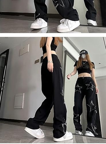 Womens Star Embroidery Wide Leg Y2K Jeans Aesthetic Star Pants Girls Boyfriend Loose Fit Baggy Jeans 90s Streetwear(Black,Small)