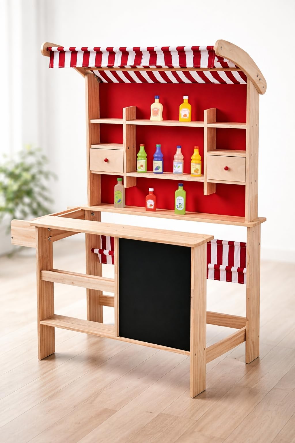 Market in Legno per Bambini con Banco Vendita e Accessori Alimentari, Lavagna con Gesso e Tenda Negozio Gioco di Ruolo Educativo Stabile Sicuro Struttura Robusta 84x64x117 cm Regalo Bambini 3