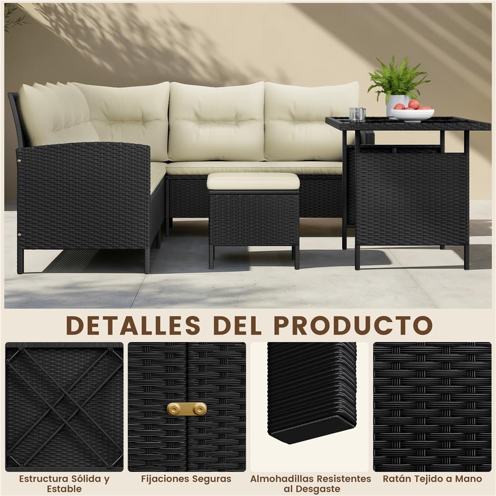 Yaheetech Conjunto de Mueble de Jardín para Patio de 4 Piezas Sofás de Ratán para Exterior con Mesa de Cristal y Otomanas para Balcón Porche Terraza Negro/Beige