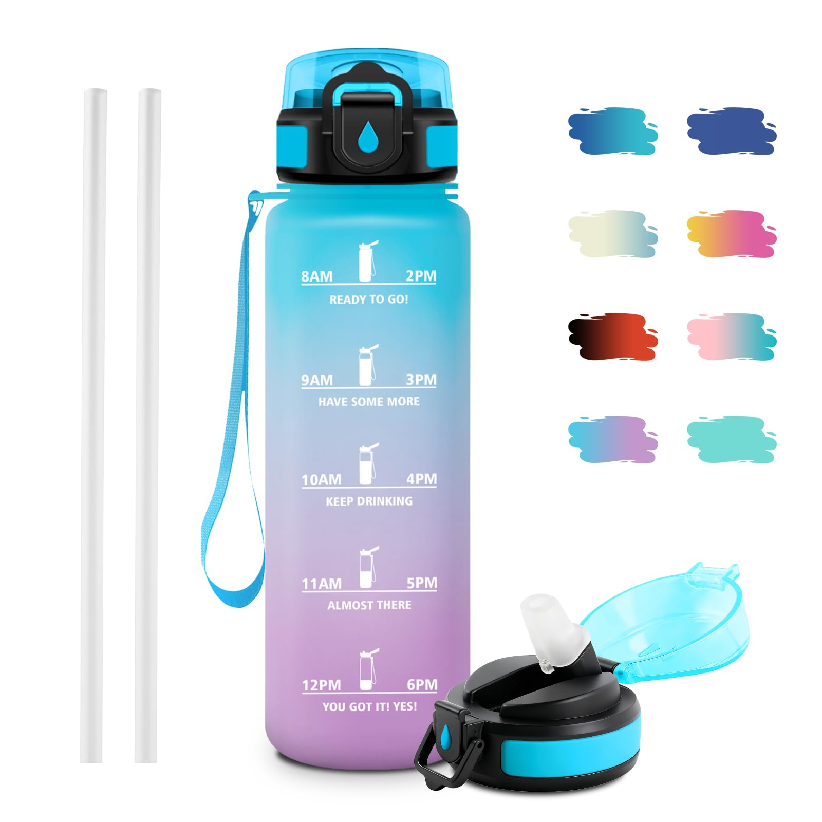 JAPORIA Sports Water Bottle, 1 L, Suitable for Carbonated Drinks, Leak-Proof Water Bottle with Straw, Motivational Water Bottle with Time Marking, Sports Bottle for Mountaineering, Camping, Picnic