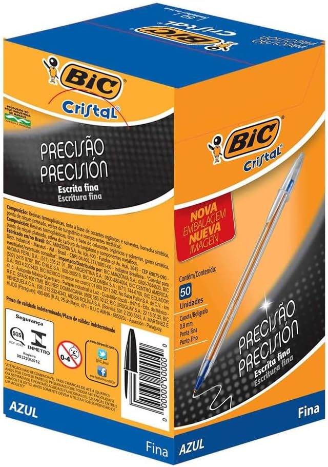 BIC, Caneta Esferográfica Escrita Fina, Cristal Fina, Azul, 50 Unidades
