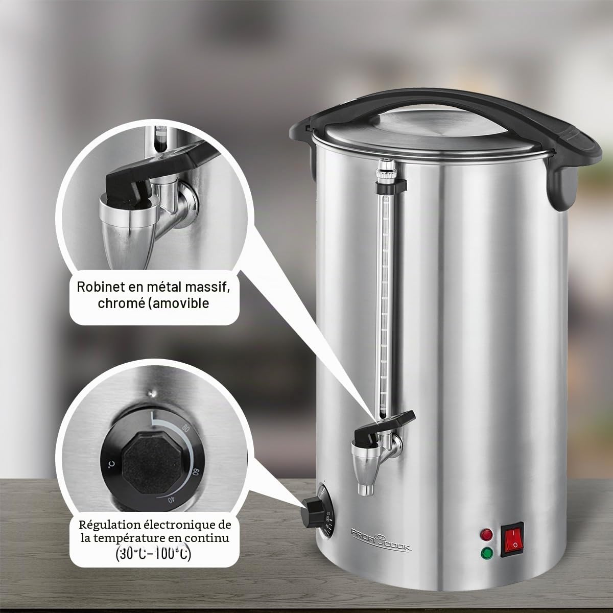 PROFI COOK PC-HGA1111 - Distributeur de boissons chaudes et/ou vin chaud - Capacité 16 litres - 1500 Watts - Contrôle électronique de la Température - Couleur Argent