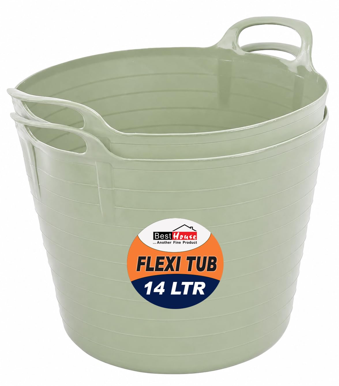 BH | 2 Pcs of Flexi Tub with Handles | 14 Litres | Sage Green | Large Flexible Plastic Storage Bucket | Multipurpose Tub for Home, Washing, Yard, Garden Waste and DIY Projects - By BEST HOUSE