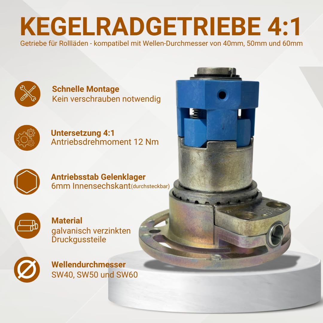 markiso Rolladengetriebe 4:1 - Freilauf links, Kegelradgetriebe mit 6 mm Innensechskant - Kurbelgetriebe für Rolladen passend für SW40 Rollladenwelle