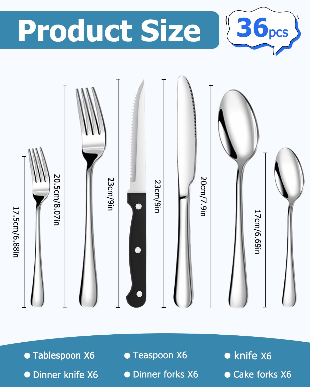 Set Posate 6 persone, 36 Pezzi Posate Acciaio Inox, Set Posate con Coltello da Bistecca, set Forchette Cucchiai e Coltelli per Ristoranti, Feste e Matrimoni,Resistenza, lavabile in lavastoviglie Alta