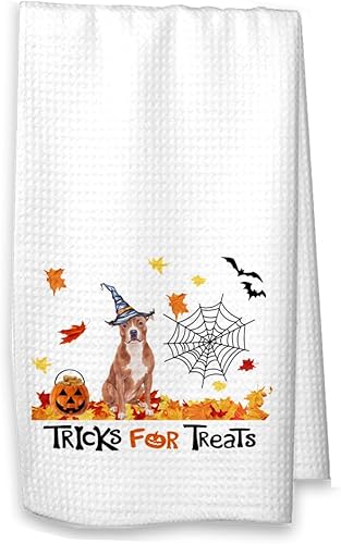 Trucos para golosinas Pit Bull Toalla de cocina de Halloween, decoración de otoño Pittie (toalla blanca, marrón sin nombre)