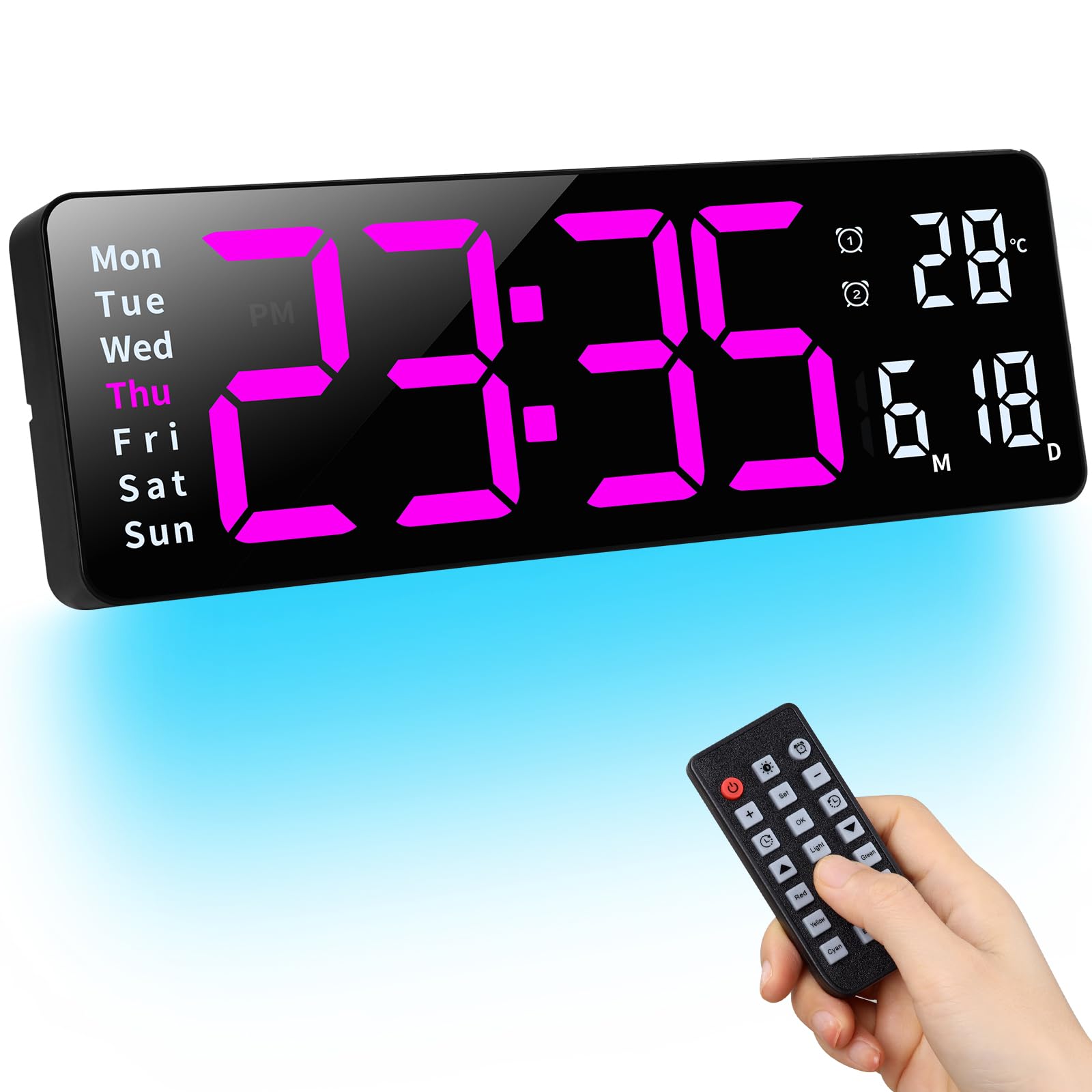 Fuloon Horloge Murale Numérique LED avec Télécommande Positif Compte à Rebours Luminosité Réglable Pendules Murales pour Salon Cuisine Bureau Gymnase (16 Pouces, Rose Rouge)